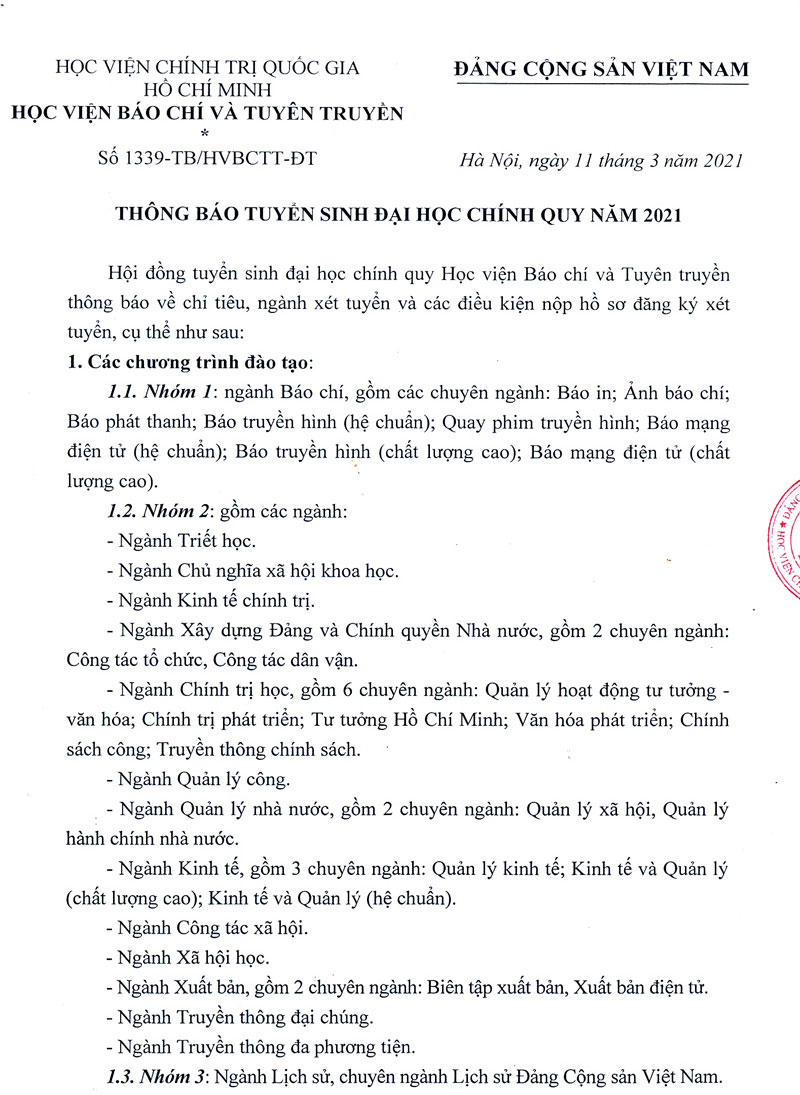 Phương án tuyển sinh 2021 của HV Báo chí và tuyên truyền