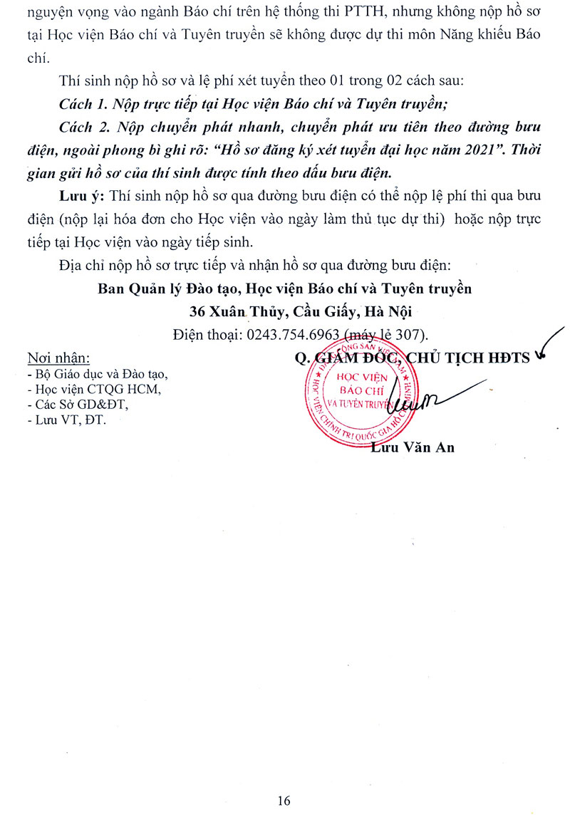Phương án tuyển sinh 2021 của HV Báo chí và tuyên truyền