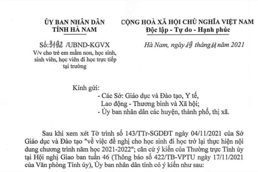 Từ ngày 22.11, học sinh các cấp tại Hà Nam đi học trực tiếp trở lại.