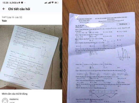 Đề thi phát tán trên mạng (bên trái) được cho là khá giống với đề thị tốt nghiệp THPT - Ảnh: H.A.