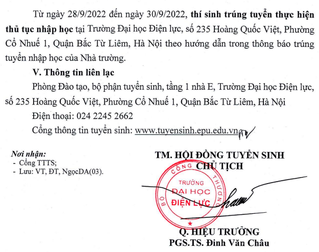 Dai hoc Dien luc cong bo diem chuan trung tuyen 2022