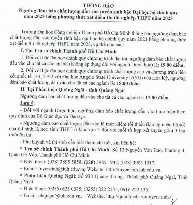 Dai hoc Cong nghiep TPHCM cong bo diem san xet tuyen 2023