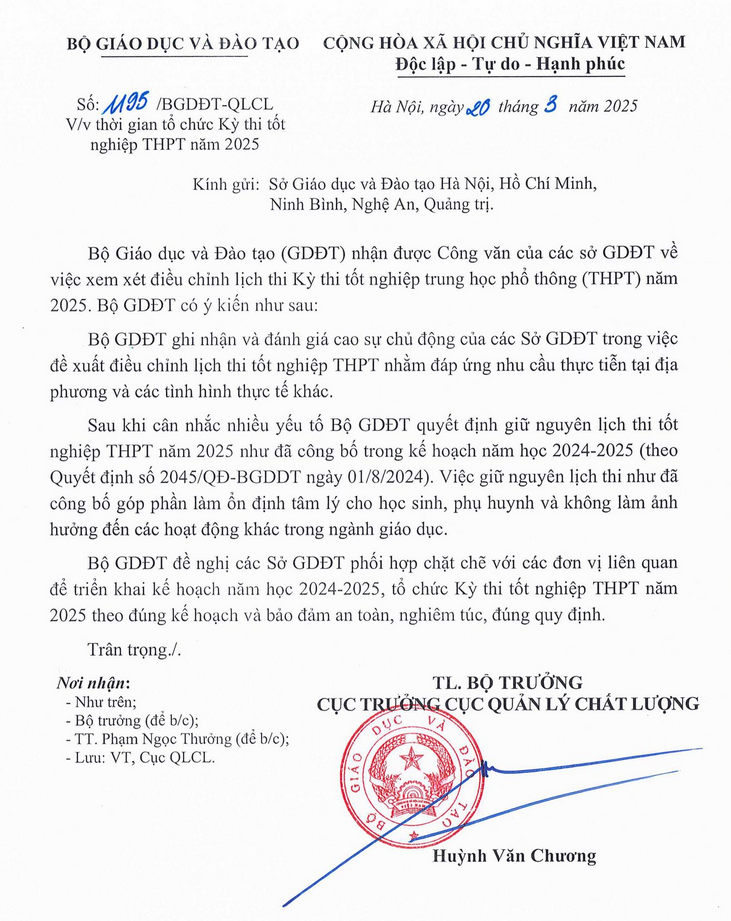 Bo GD chot: Giu nguyen lich thi tot nghiep THPT 2025