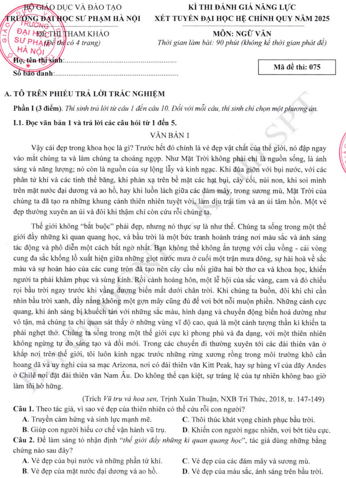 De minh hoa DGNL Dai hoc Su pham Ha Noi 2026 (Co dap an)