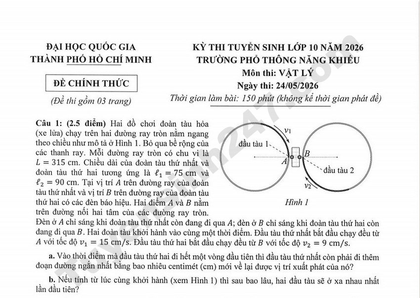 Đề thi vào lớp 10 năm 2026 môn Lý Chuyên - Phổ thông năng khiếu HCM
